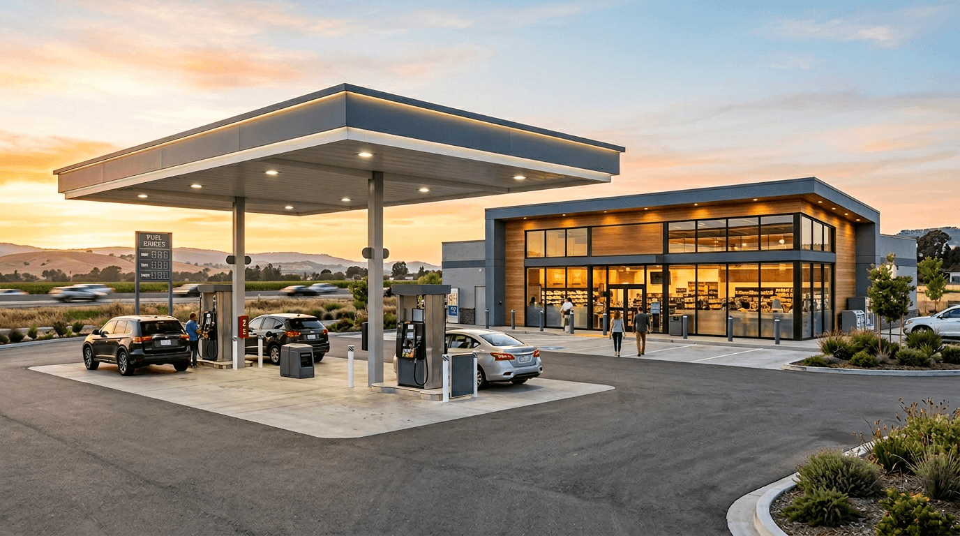 Gas station and convenience store forecourt representing your retail locations